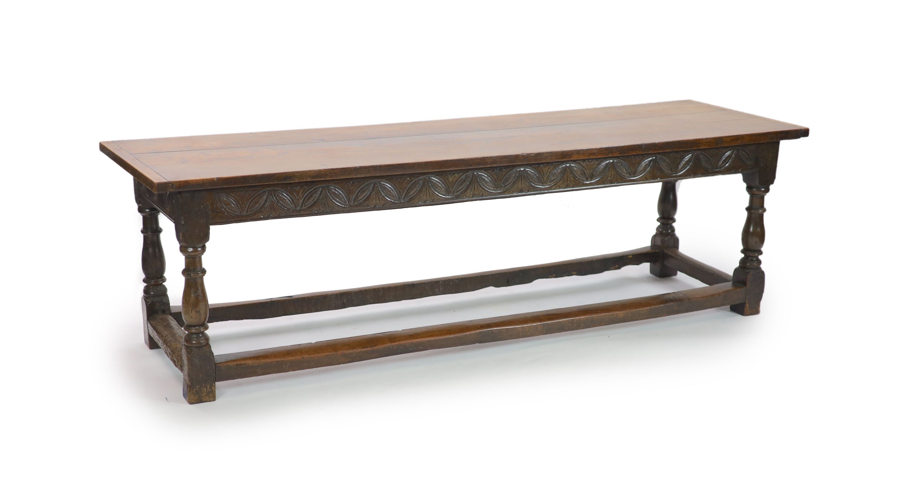 A William III oak refectory table, circa 1690, W.250cm D.76cm H.74cm